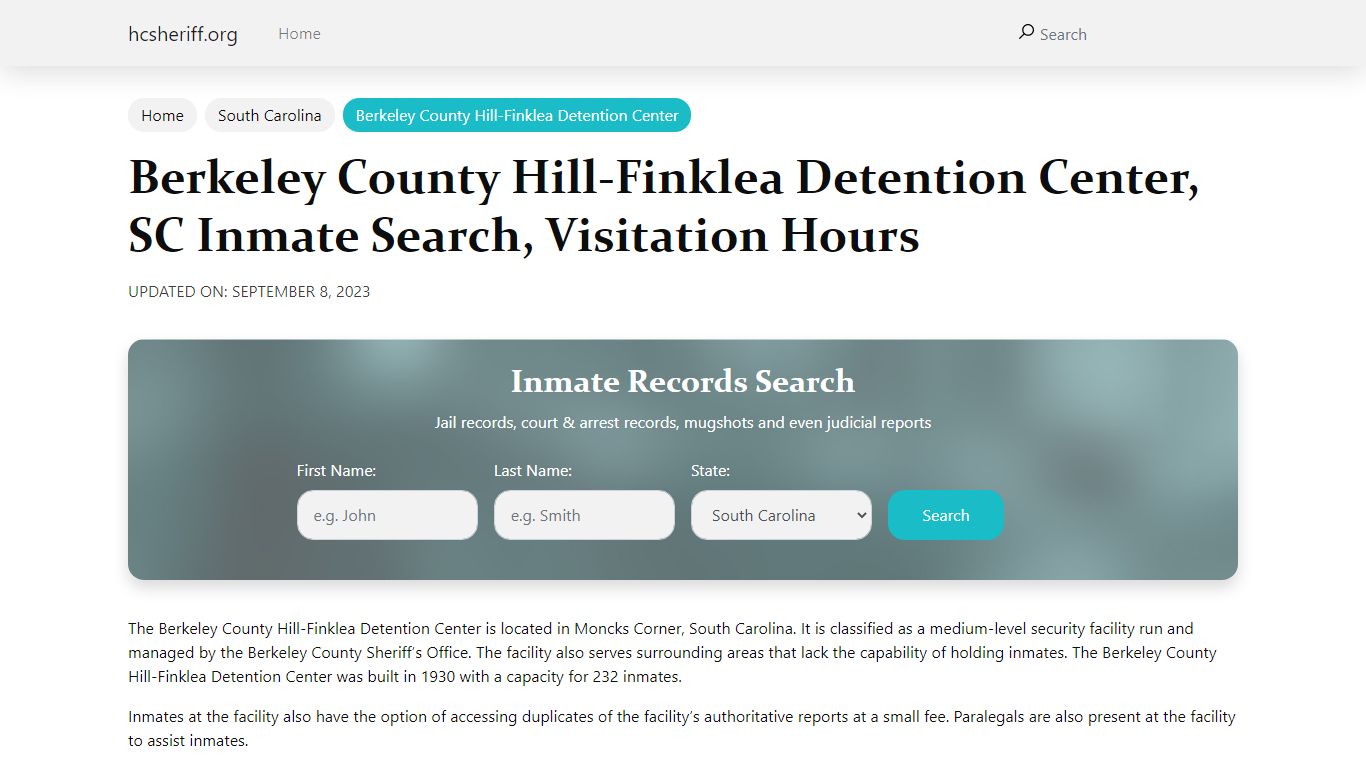 Berkeley County Hill-Finklea Detention Center, SC Inmate Search ...