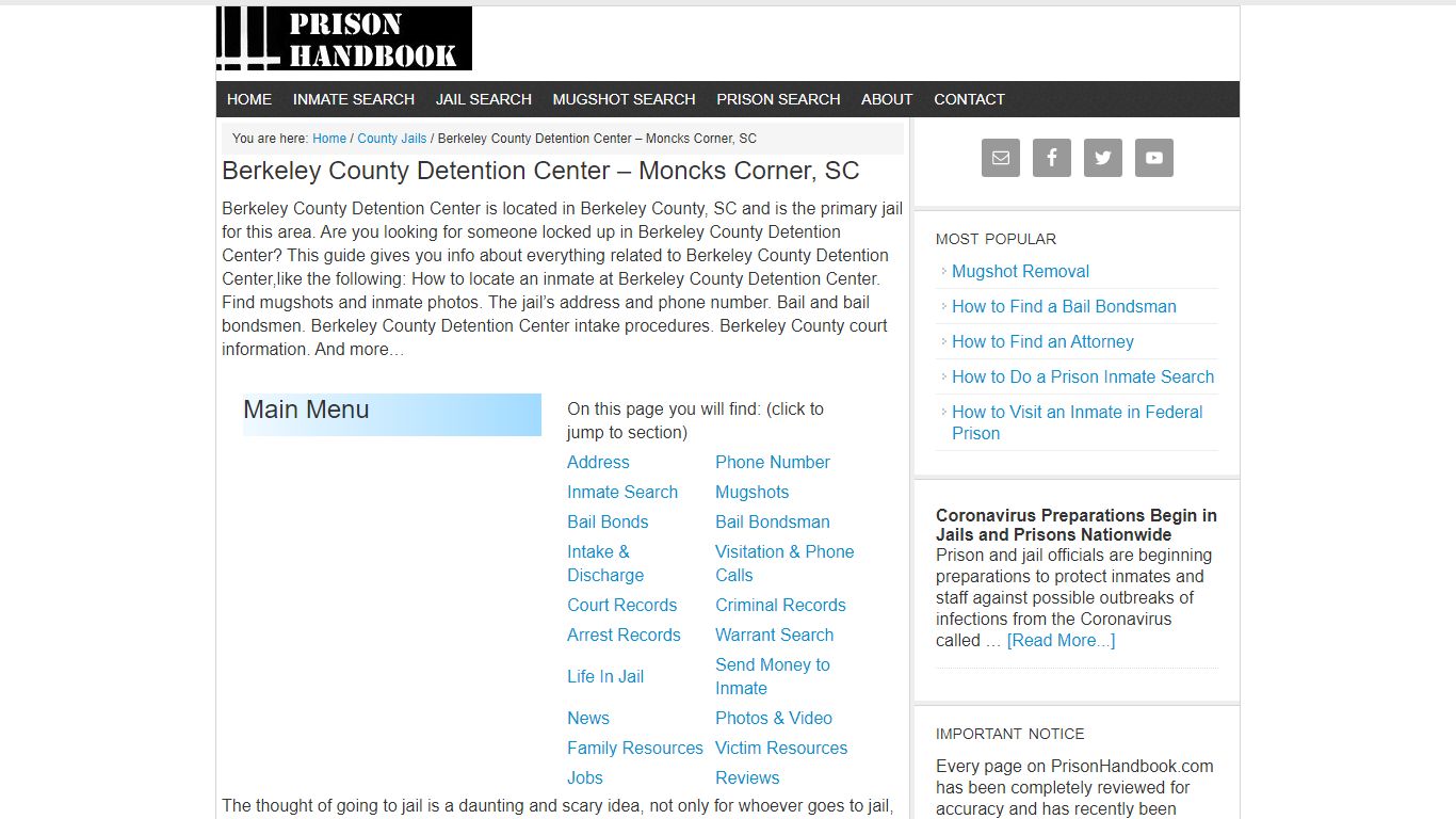 Berkeley County Detention Center – Moncks Corner, SC - Prison Handbook